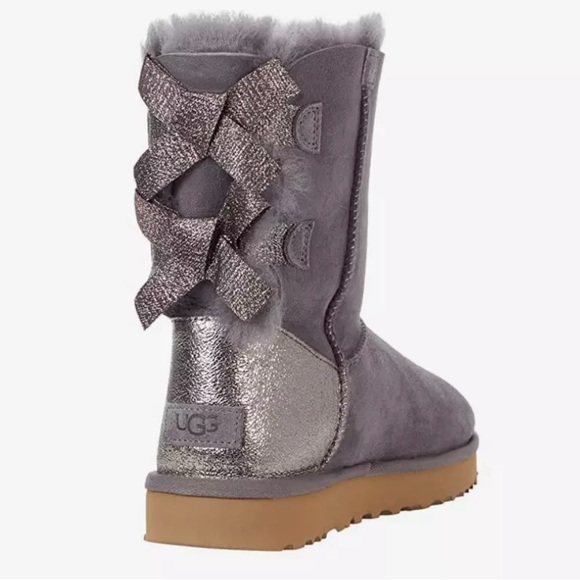 NEW! UGG Bailey Bow Glitz Real Shearling Mid-Calf Boots Gray Sheepskin Sz 10 - Picture 4 of 15